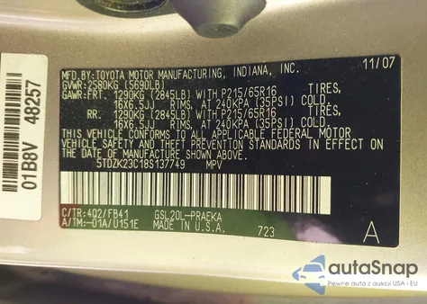 2008 Toyota Sienna Ce из США, поврежденный, VIN 5TDZK23C18S137749